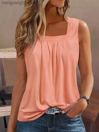 Women's Tanks Camis Trendy Women Ruffled Square Collar Tank Top Summer Loose Fit Pleated Square Neck Sleeveless Shirt Curved Hem Flowy Casual Tops T230517