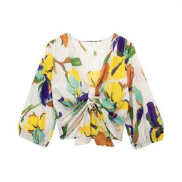 Women's Blouses Boho Inspired Floral Print TROPICAL Blouse WITH KNot V-neck Half Sleeve Summer Cropped Tops Beach Holiday Women