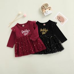 Girl Dresses Girl's FOCUSNORM 0-3Y Princess Baby Girls Autumn Dress Letter Printed Sleeve Lace Star Mesh Tutu Mini 2 Colours