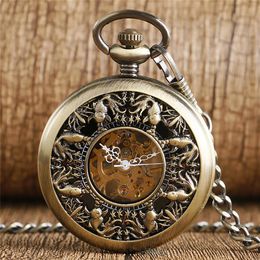 Steampunk Bronze Hollow Out Cute Little Goldfish Cover Handwind Mechanical Pocket Watch FOB Skeleton Clock Pendant Chain to Men Wo282H