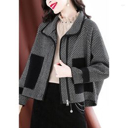 Women's Wool Houndstooth Short Woolen Coat Women 2023 Spring Autumn Jackets Pocket Outerwear Loose Winter Black White Jacket Tops Female