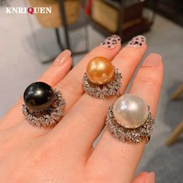 Band Rings Luxury 14MM Big Pearl Flower Adjustable Rings for Women Lab Diamond Wedding Band Cocktail Party Fine Jewelry Charms Elegant Gift J230517