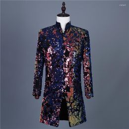 Men's Suits Long Suit For Men's Show Performance Male Colorful Flip Sequins Slim Coat Nightclub Blazer