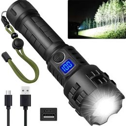 Flashlights Torches E2 XHP90 LED Flashlight Zoom Camping Fishing Torch High Power Waterproof Lantern USB Rechargeable 26650 Lights with Tail Hammer P230517