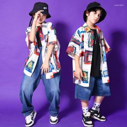 Stage Wear Kids Show Hip Hop Clothing Print Shirt Short Sleeve Tops Streetwear Denim Pants Shorts For Girl Boy Jazz Dance Costumes Clothes