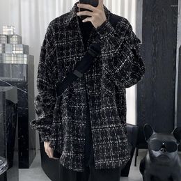 Men's Casual Shirts Men Shirt Coat Single Breasted Placket Long Sleeve Lapel Plaid Print Loose Patch Pockets Fall Spring Clothes