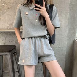 Running Sets Women's Sports Suits Short-Sleeved T-Shirt Shorts 2 Pieces Fashion 2023 Summer Loose Print Stand Collar Simple College