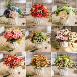 Decorative Flowers Artificial Flower Set Ceramic Rope Vase Roses Plants Potted Home Decoration Fake Pots Table
