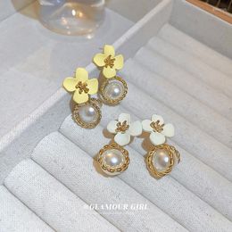 Choker Real Gold Plating Silver Needle Flower Pearl Earrings Small Fresh Sweet And Cute Stud Ear Drop Female