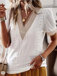 Women's Blouses Vintage Leisure Women Ladies Tops Elegant Fashion Summer White Top Solid Lace Patchwork V Neck Blouse Chic Tunicas