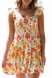 multicolor Ruffled Shirred Sleeveless High Rise Floral Mini Dress j1bX#