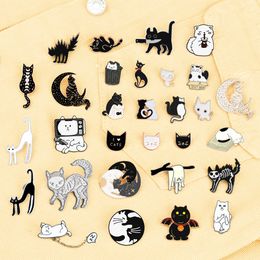 Cat Lover Collection Brooches Cute White Black Cat Badges Pins Sleepy Hug Kitty Enamel Pins Coat Hat Animal Decoration Jewellery