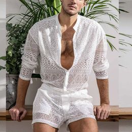 Mens Tracksuits Arrivals Men Set Summer Sexy See Through Lace Outfits Beach Fashion Long Sleeved Tops And Shorts Two Piece Suits 230516