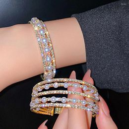 Bangle 2023 Fashion Shiny Rhinestone Pearl Bracelet For Women Personality Vintage Cuff Party Wedding High Quality Jewelry Gift