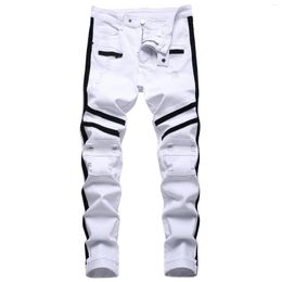 Men's Jeans Spring Autumn Fashion Button Mens White Biker Men's Distressed Stretch Jean Casual Denim Pants Straight Trousers