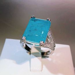 Band Rings 2022 NEW Fashion Paraiba Emeralds Couples Ring For Women Sapphire Rectangle Full Of Diamonds Engagement Anniversary Gift Jewelry J230517