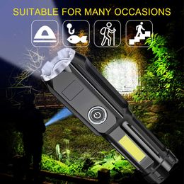 Flashlights Torches USB Rechargeable LED Flashlights COB Torch Battery Powered Zoomable Waterproof Tactical Torch Powerful Fishing Camping Light P230517