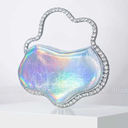 Totes Metal Wavy Handle Diamond Evening Bag Elegant Boutique Crystal Colourful Laser Clutch Purses and Handbags Wedding Party 230509