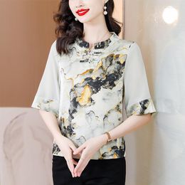 Women's Blouses Silk Shirt For Women Summer 2023 In Floral Printed Chinese Style Loose Fashion Short Sleeve Vintage Top O-Neck