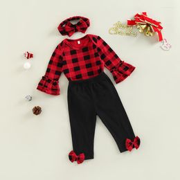 Clothing Sets Baby Girls Christmas Jumpsuits Set Plaid Long Sleeves Romper And Stretch Casual Pants Headband Outfit