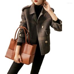 Women's Wool 2023 Autumn Winter Fashion Short Woolen Coat Women Single-Breasted Elegant Jacket Outerwear Brown Plaid Female Overcoat