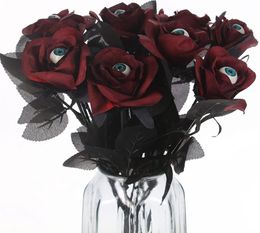 Artificial Bloody Roses with Eyeball Flower Bouquet Faux White Black Red Rose Bundle Halloween Party Scary Atmosphere Home Spooky Decorations