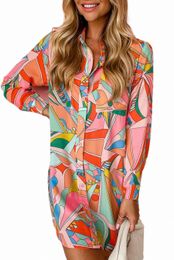 multicolor Geometric Abstract Print Long Sleeve Shirt Dress F9nc#