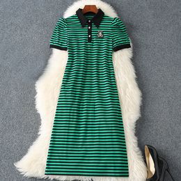 Summer Green Striped Print Panelled Knitted Dress Short Sleeve Lapel Neck Rhinestone Midi Casual Dresses M3M03B746