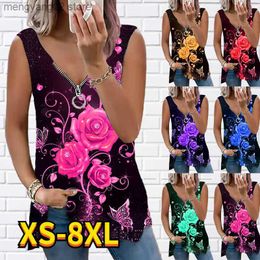 Women's Tanks Camis Women's Plus Size V-neck Tank Tops 2022 New Flower Printing Vest Sexy Zipper Sleeveless T-shirt Casual Loose Pullover Tops T230517