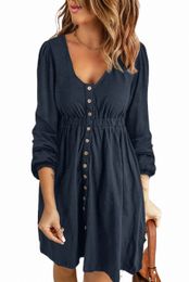 dark Blue Button Up High Waist Long Sleeve Dress S4qU#