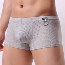 Underpants Brand Mens Boxer Underwear Sexy See Through Hollow Mesh Boxershorts Man Male Panties Metal Rings Gay Lingerie Cuecas