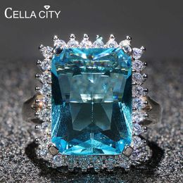 Band Rings Cellity Aquamarine Ring for Women Silver 925 Jewellery for Party Hyperbole Huge Rectangle Gemstones Size6 7 8 9 10 Party Gift J230517