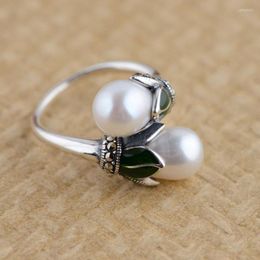 Cluster Rings FNJ 925 Silver Enamelling Lotus Ring For Women Jewellery Original Pure S925 Sterling Natural Freshwater Pearl