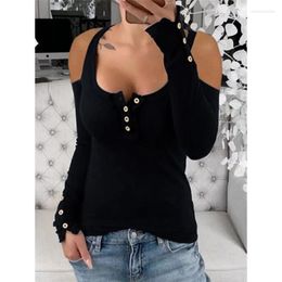 Women's T Shirts Sexy Elegant Women's Tops 2023 Spring And Autumn Multicolor Ribbed Skinny Button Low Neck Strapless Slim T-Shirt