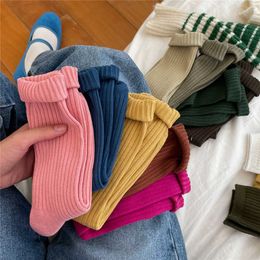 Socks Hosiery New 2023 women socks korean fashion solid color knitting long socks japanese style school girl harajuku vintage crew socks P230517