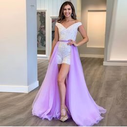 Unique Jumpsuit Short Prom Dresses Off the Shoulder Sequin Outfit with Detachable Train Graduation Party Vestido de fiesta