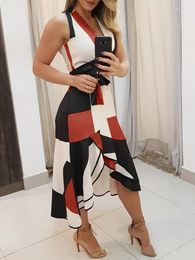 Party Dresses Summer V-neck Sleeveless Geometric Printed Dress Irregular Hem High Waist Office Women Vestido De Festa Rz