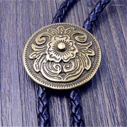 Bow Ties Bolo Tie Antique Brass Silver Color Flower Totem Round Buckle Adjustable Western Cowboy Novelty