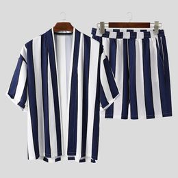 Mens Tracksuits Short Sleeve Sets Japanes Style Kimono Shirt Men Black White Vertical Striped Shirts Shorts Two Pieces Outfits 230516