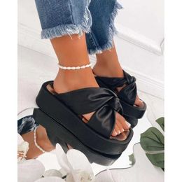 Sandals Big New Female Solid Platform Slides Fashion Bow Wedges Heels Slippers Women Casual Soft Beach Shoes Woman 230417