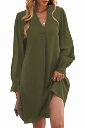 green Split V Neck Ruffled Sleeves Shirt Dress u72o#