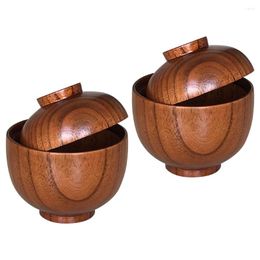 Bowls 2 Pcs Wooden Bowl Lid Rice Japanese Lids Small Kids Mixing Serving Appetiser Tableware