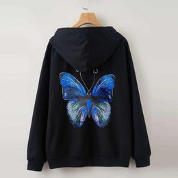 Women's Hoodies Kpop Vintage Butterfly Printed Hoodie Black Pullover Winter Plus Fleece Sweatshirt Oversize Harajuku Sports Outfit Girls