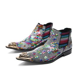 Luxury Design Men's Boots Shoes Sequin Leather Ankle Boots Men Fashion Party, Wedding Botas Men