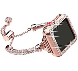Bling Metallarmbänder und -gehäuse für Apple Watch 38 mm, 40 mm, 41 mm, 42 mm, 44 mm, 45 mm, Damen-Diamantbänder mit Strass-Stoßdämpfer, kompatibel mit w8539638