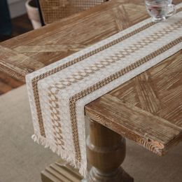 Table Runner Table Runner Natural Cotton Burlap Striped Splicing Bohemian Style Tables Runner With Tassels Dining Wedding Home Decor 230517