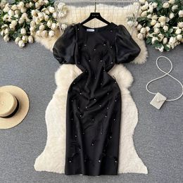 Light Luxury Celebrity Style Dress Summer Bubble Sleeves Beaded Feather Design Feel Split Slim Fit Small Spicy Girl Dress