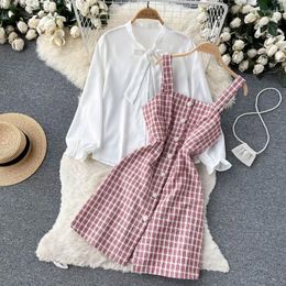 Work Dresses Women Two Piece Set 2023 Korean Fashion Bow Tied Collar White Blouse Spaghetti Strap Single Breasted Mini Tweed Suits