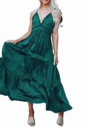 green Cross Back Frilled Sleeveless Tiered Maxi Dress 51p0#