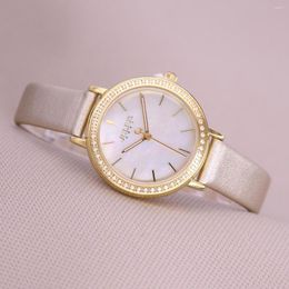 Wristwatches Golden Julius Women's Watch Elegant Setting CZ Mother-of-pearl Fashion Hours Bracelet Real Leather Clock School Girl's